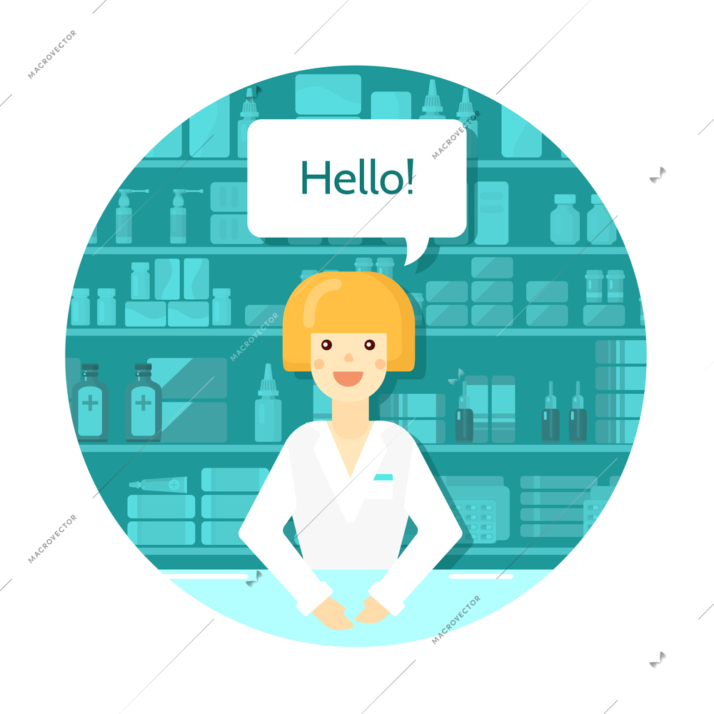 Colored flat pharmacist round composition with consultant at the counter in drugstore vector illustration