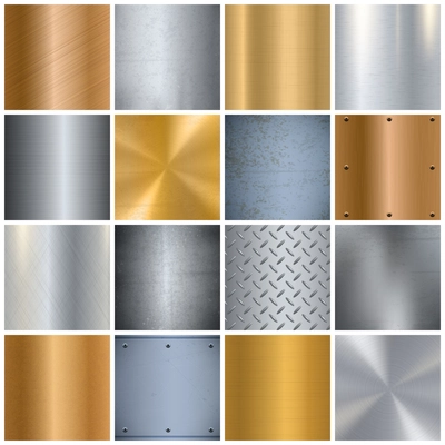 Metal sheets texture realistic big icons set with various surface finish in gold and silver isolated vector illustration