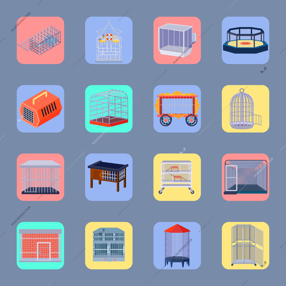 Set of isolated animal cage images with cell boxes of different size on square background shapes vector illustration