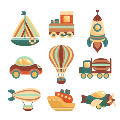 Toy transport colored cartoon icons set with yacht  train space rocket isolated vector illustration