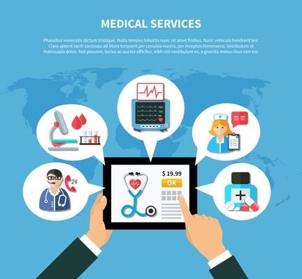 Flat design with online medical services around mobile device in hand on textured blue background vector illustration