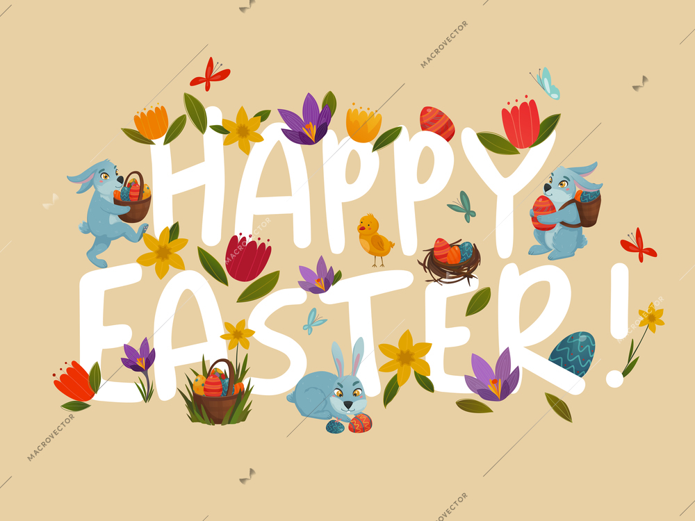 Happy easter white lettering with bright colorful floral lettering on natural sand beige background abstract vector illustration
