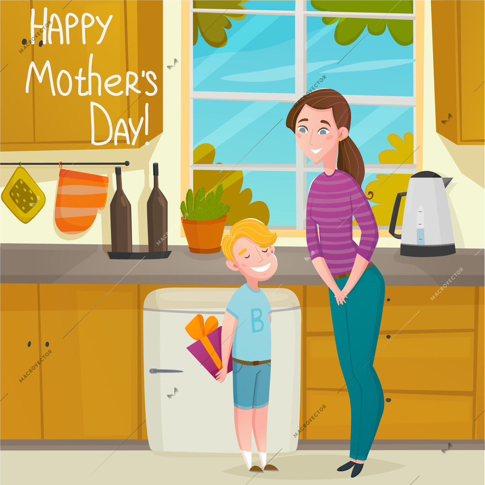 Mother day gift composition with mom and child with fancy box cartoon characters in kitchen interior vector illustration