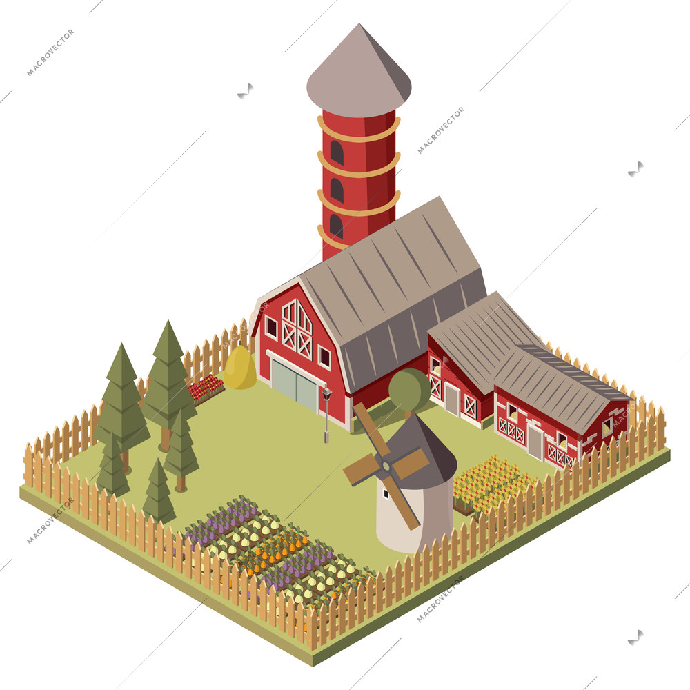 Farm isometric design with red barn and silo shed windmill garden beds and trees vector illustration