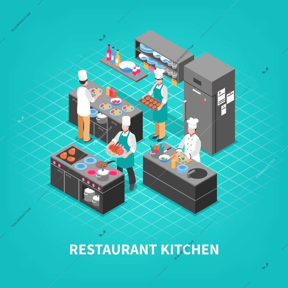 Food court concept with isometric restaurant kitchen furniture and cooks crew faceless characters during cooking process vector illustration