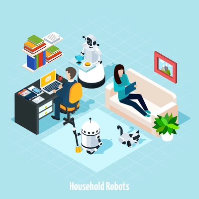 Household robots isometric composition with robots helping young family resting in free time vector illustration