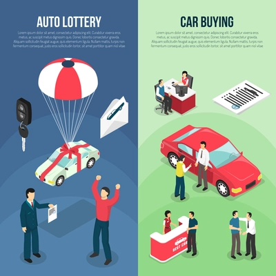 Two colored car dealership leasing vertical banner set with auto lottery and car buying descriptions vector illustration