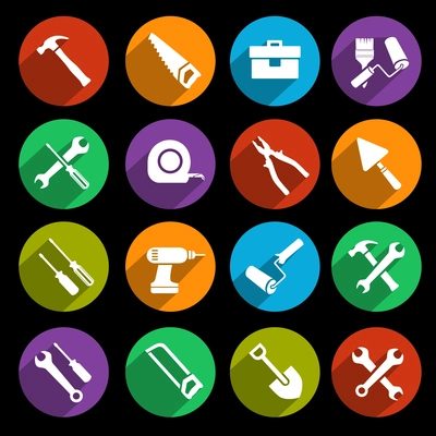 Construction or house renovation working tools icons set of wrench hammer screwdriver and saw isolated vector illustration