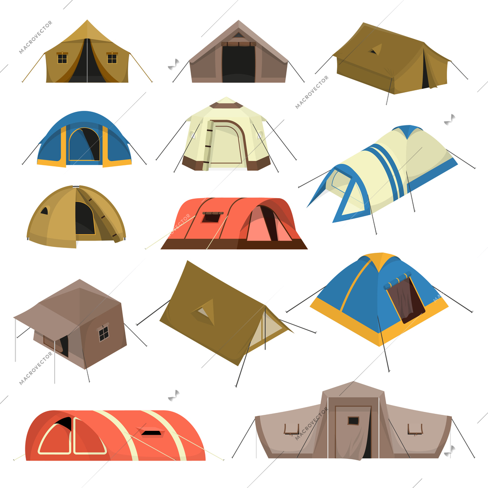 Set of colorful tourist tents of various design with canopy windows and rope isolated vector illustration