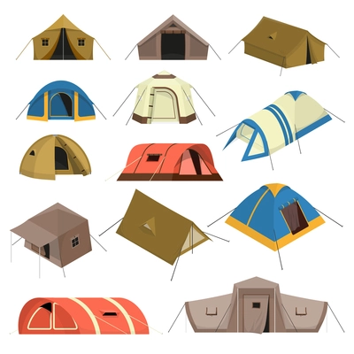 Set of colorful tourist tents of various design with canopy windows and rope isolated vector illustration