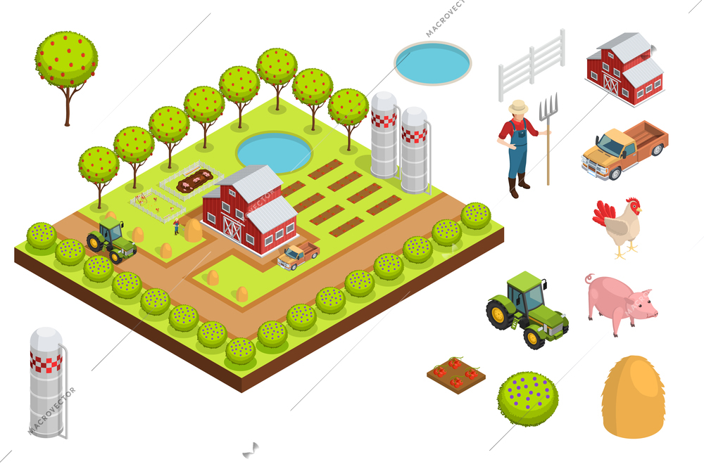 Farm isometric composition layout creating a farm with a house trees seedlings and animals vector illustration