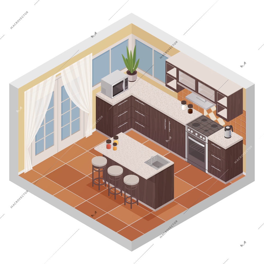 Kitchen interior isometric composition with bar stand oven microwave and shelves for kitchenware flat vector illustration