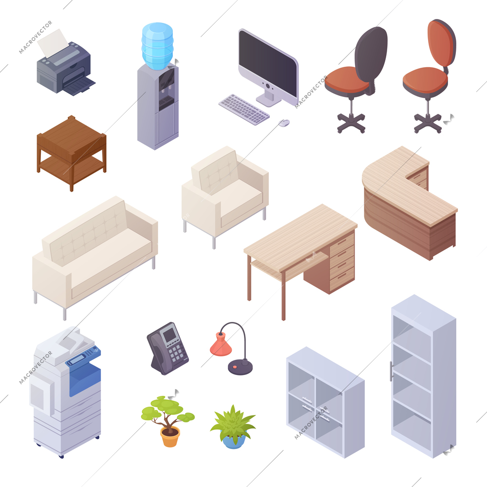 Isolated isometric elements of office interior with desk cooler chairs computer sofa printer book shelves 3d vector illustration