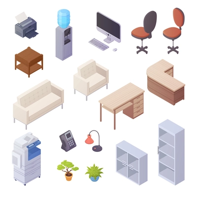 Isolated isometric elements of office interior with desk cooler chairs computer sofa printer book shelves 3d vector illustration