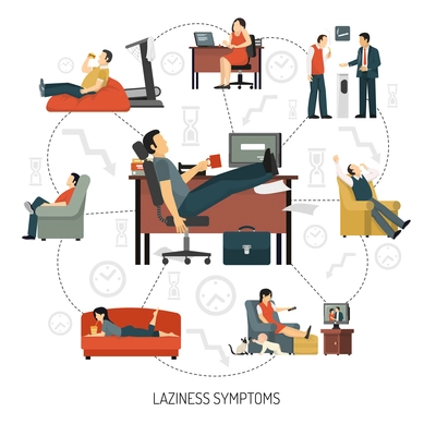 Infographics with flowchart of laziness symptoms including people at work and in armchair at home vector illustration