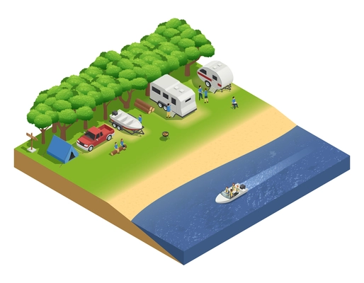 Recreational vehicles on beach isometric composition with people and boat vector illustration