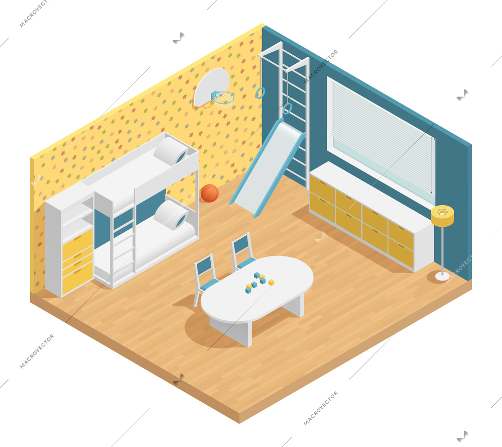 Children room isometric composition with table drawers and ladder vector illustration