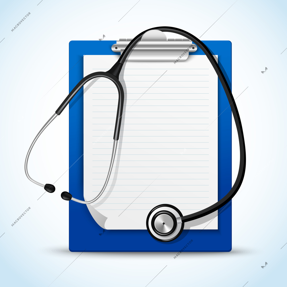 Realistic medical health service stethoscope and clipboard for notes emblem vector illustration