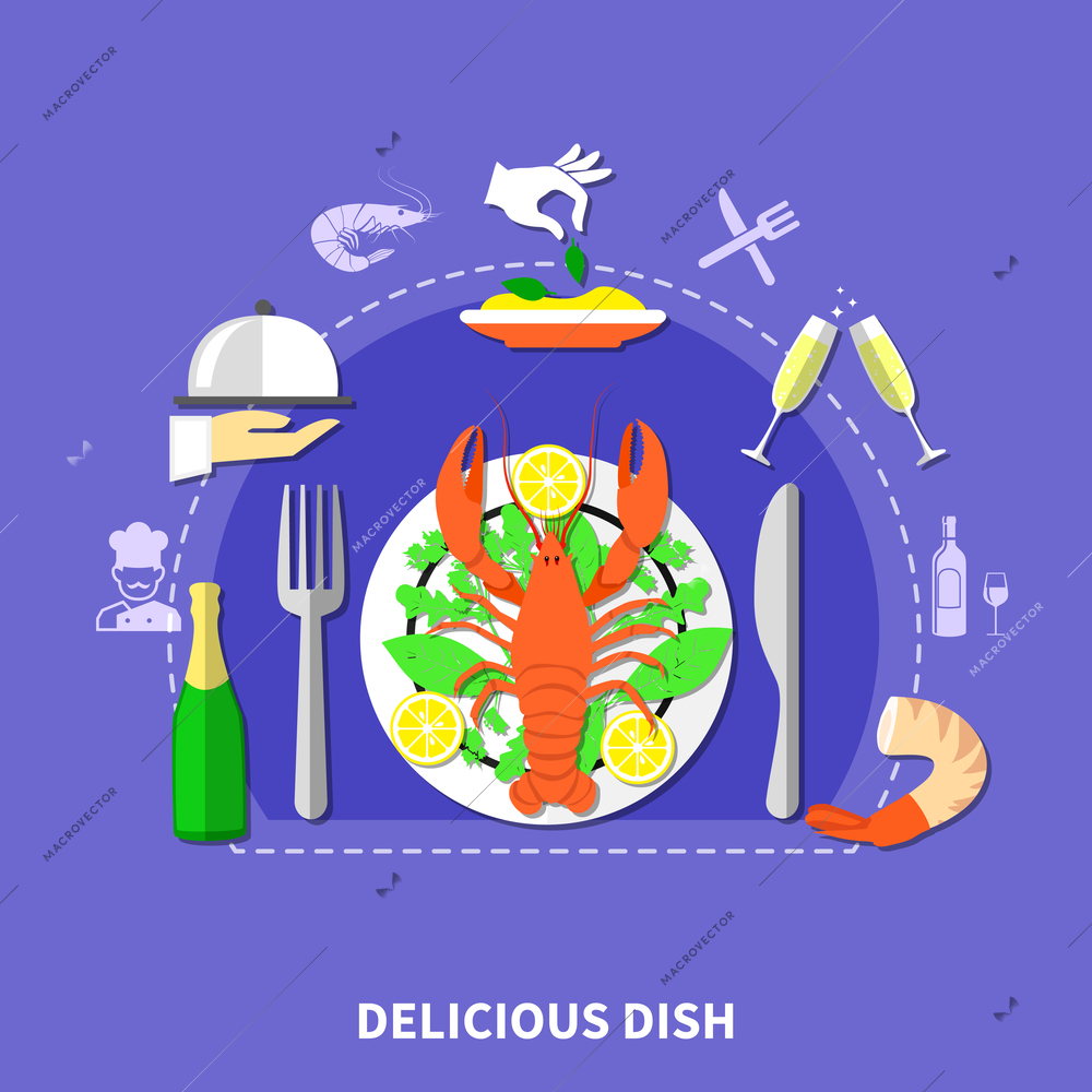 Restaurant dishes composition with waiter hands in gloves flatware food and drinks flat images and icons vector illustration