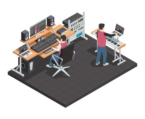 Music production studio room isometric interior with sound engineer and arrangement producer workplace equipped with gear vector illustration