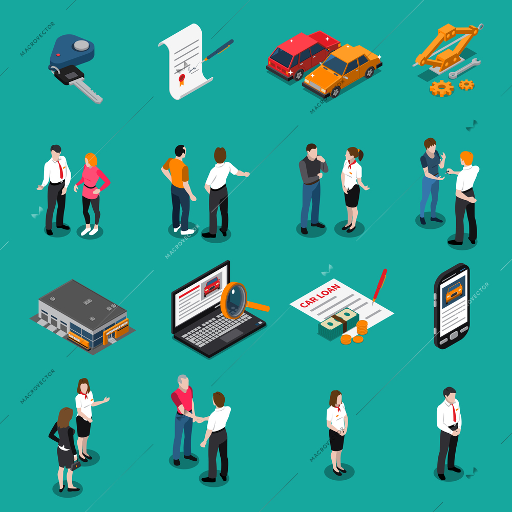 Set of isometric icons with car dealership customers and sellers computer search and purchase isolated vector illustration