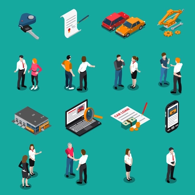 Set of isometric icons with car dealership customers and sellers computer search and purchase isolated vector illustration