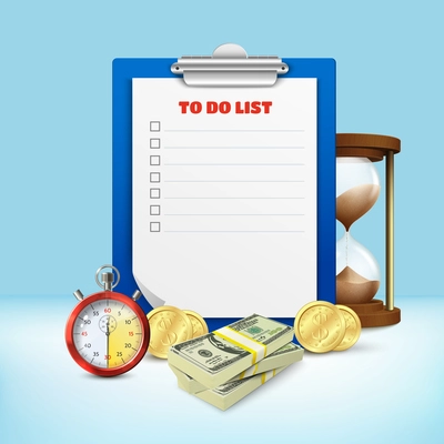 Time management composition with blank task list notepad page clock alarm and money coins realistic images vector illustration