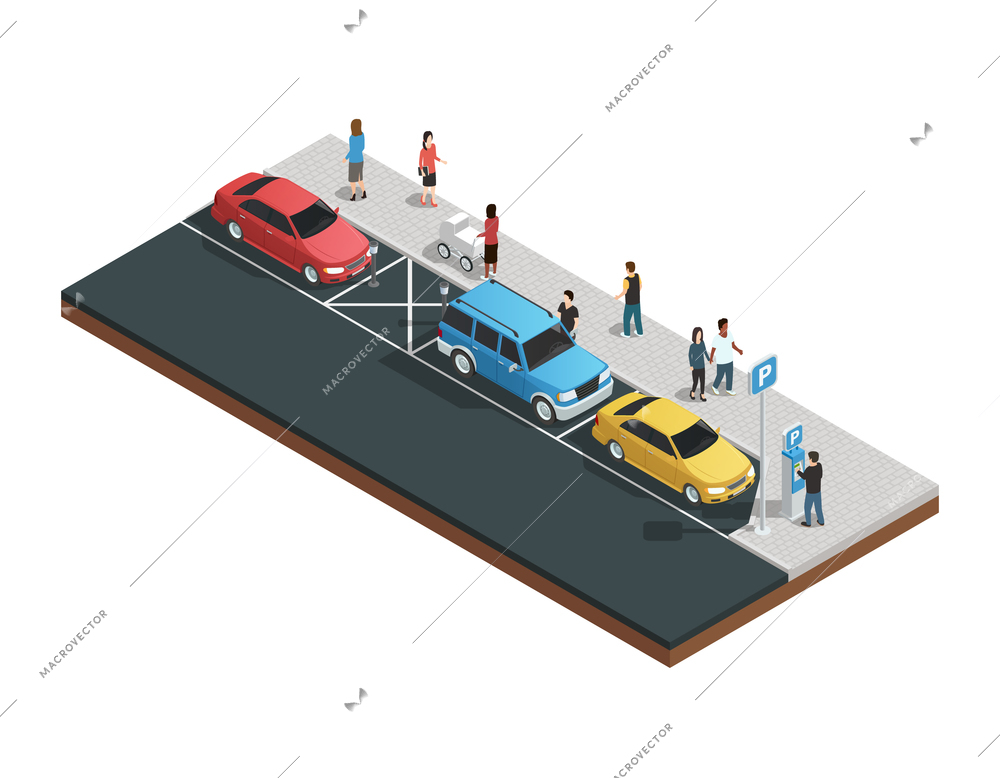 Vending  machines isometric composition with parking machines vector illustration