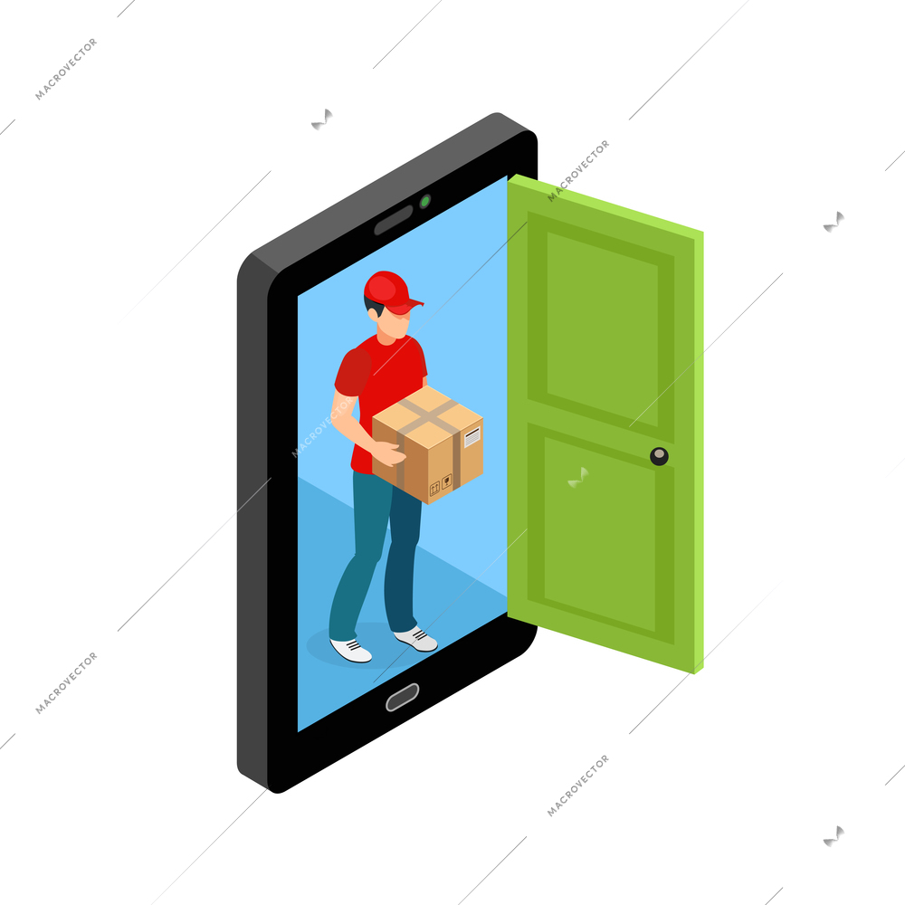 Online order delivery conceptual composition with smartphone screen as door opening and delivery agent with postal parcel vector illustration