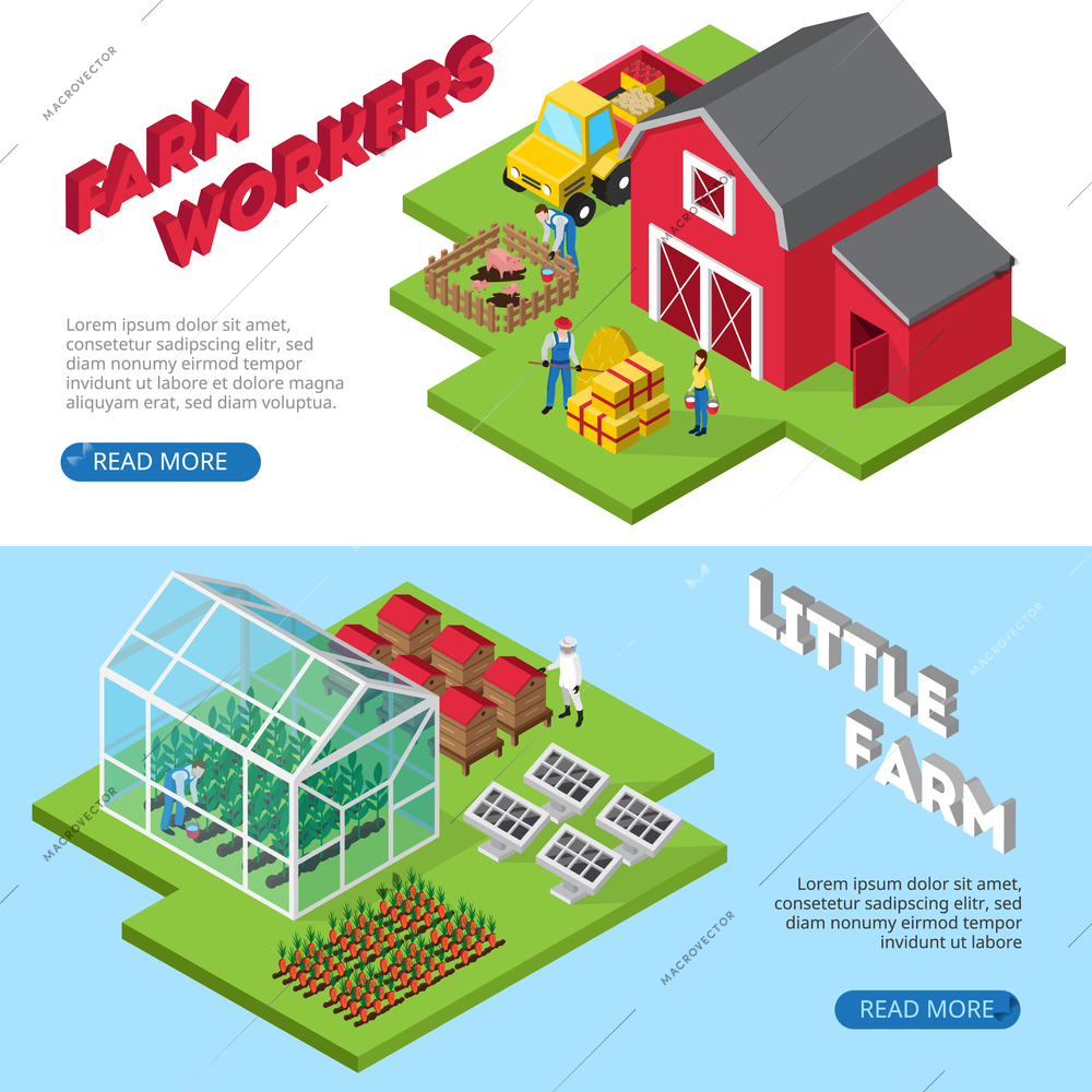 Profitable small agricultural business 2 isometric website banners with farmworkers and farm facilities information isolated vector illustration