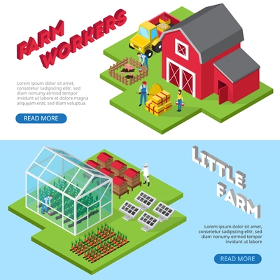 Profitable small agricultural business 2 isometric website banners with farmworkers and farm facilities information isolated vector illustration