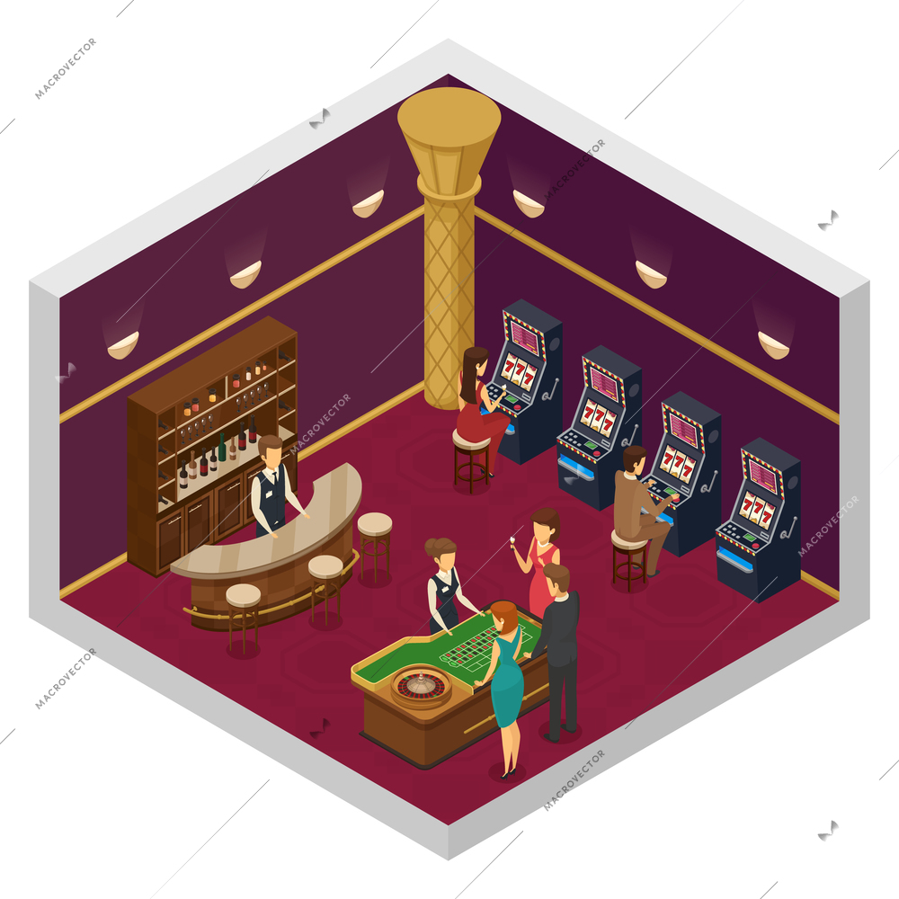 Colored casino isometric interior with big room with slots and game table vector illustration