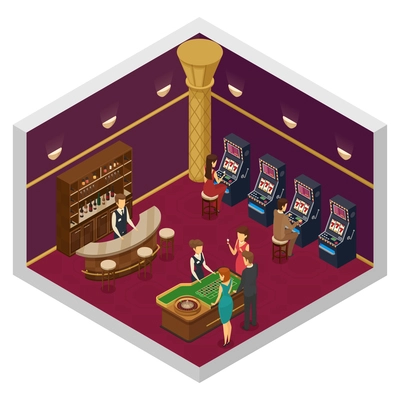 Colored casino isometric interior with big room with slots and game table vector illustration