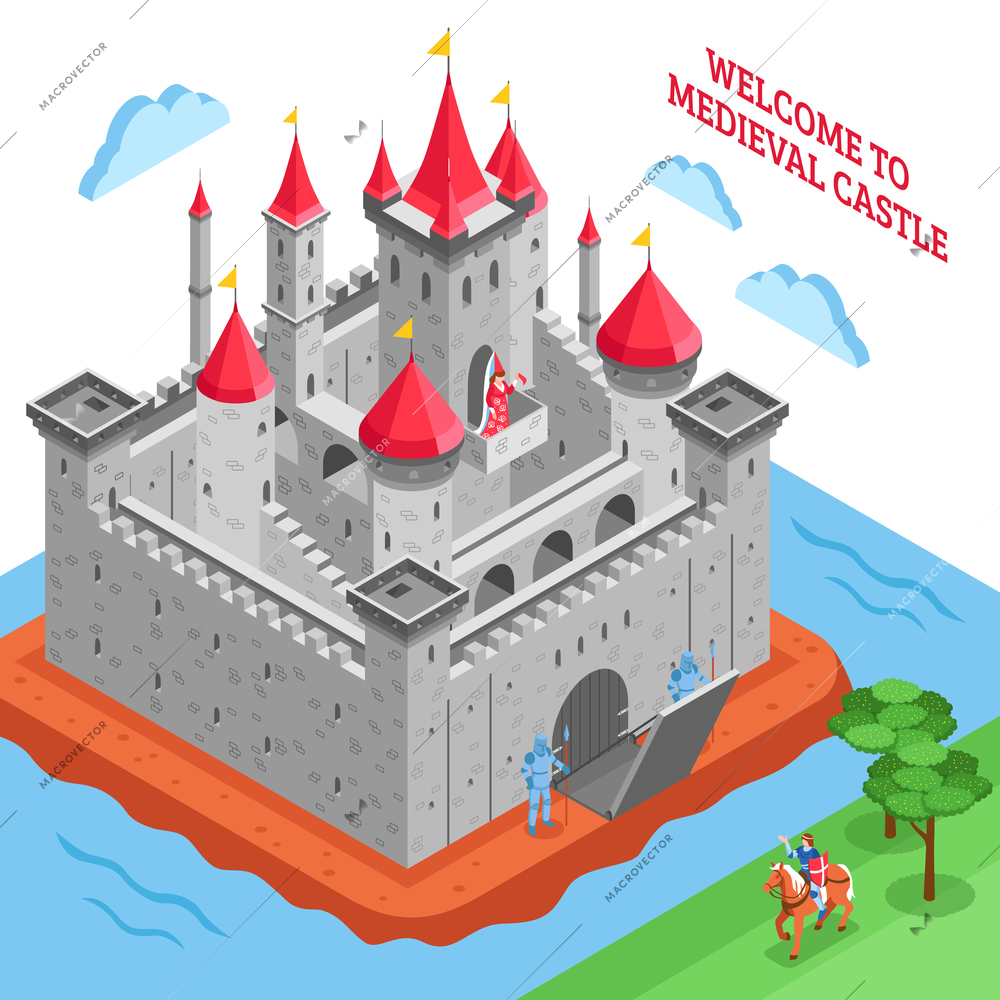 Isometric colored middle ages european royal castle composition with welcome to medieval castle description vector illustration