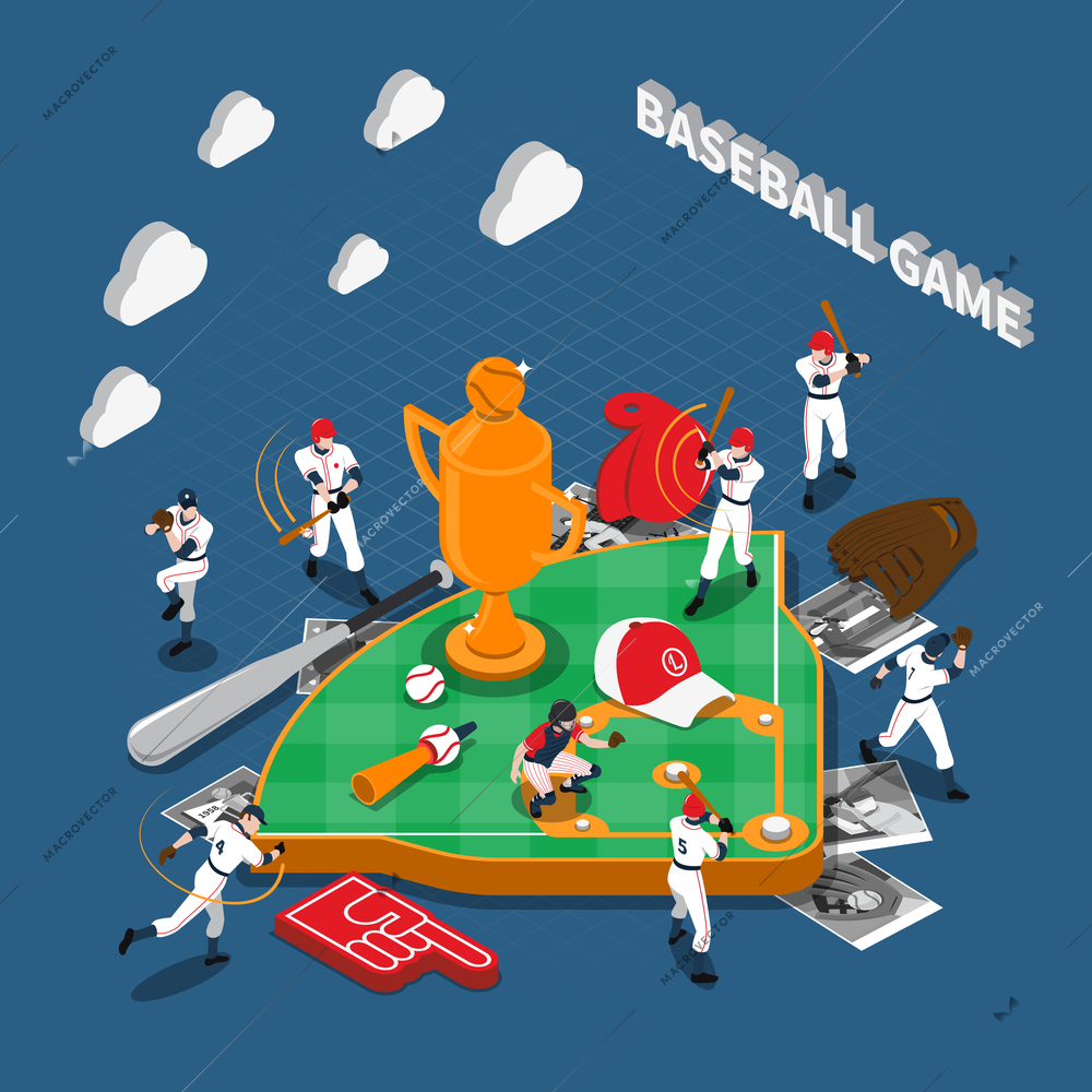 Baseball game isometric composition with players their photos sports equipment and attributes on blue background vector illustration