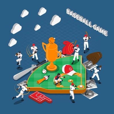 Baseball game isometric composition with players their photos sports equipment and attributes on blue background vector illustration