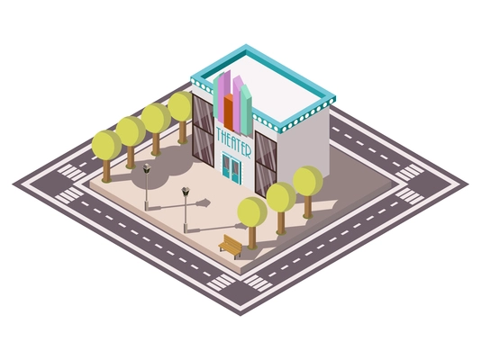 Theatre building isometric composition with road bench and trees vector illustration