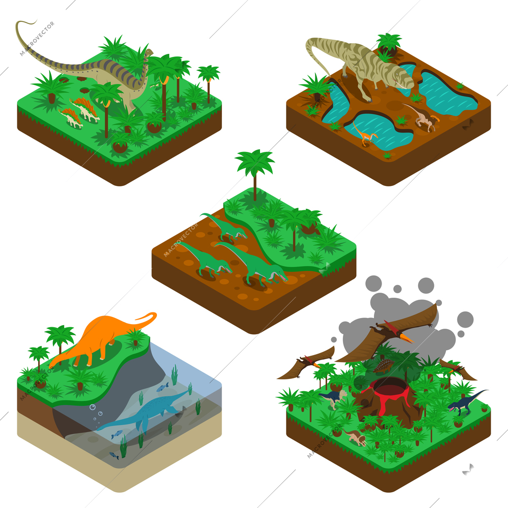 Dinosaurs isometric compositions with terrestrial flying and water reptiles land with plants erupting volcano isolated vector illustration