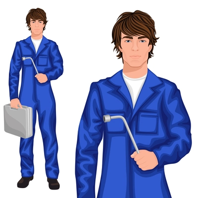 Young handsome man mechanic worker standing in blue overall with spanner and tool kit case vector illustration