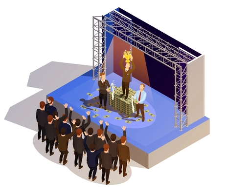 Prestigious business award winner prize giving ceremony podium isometric view with golden trophy and champagne vector illustration