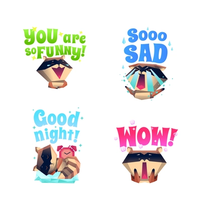 Funny raccoon fictional cartoon character 4 icons composition in funny sad and sleepy mood isolated vector illustration
