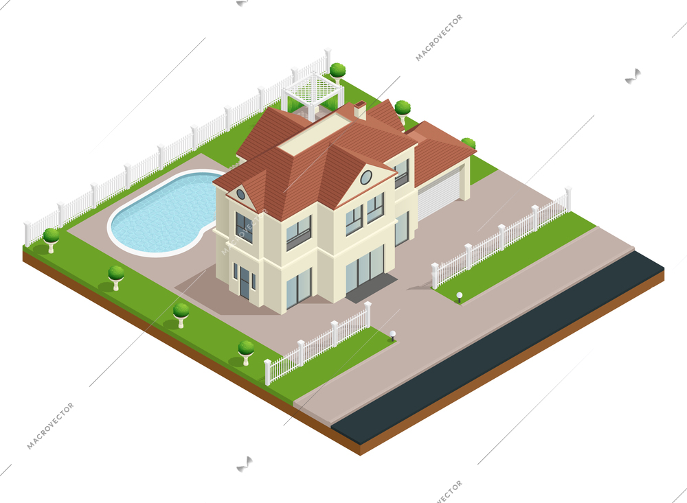 Suburb house building isometric composition with swimming pool and fence vector illustration