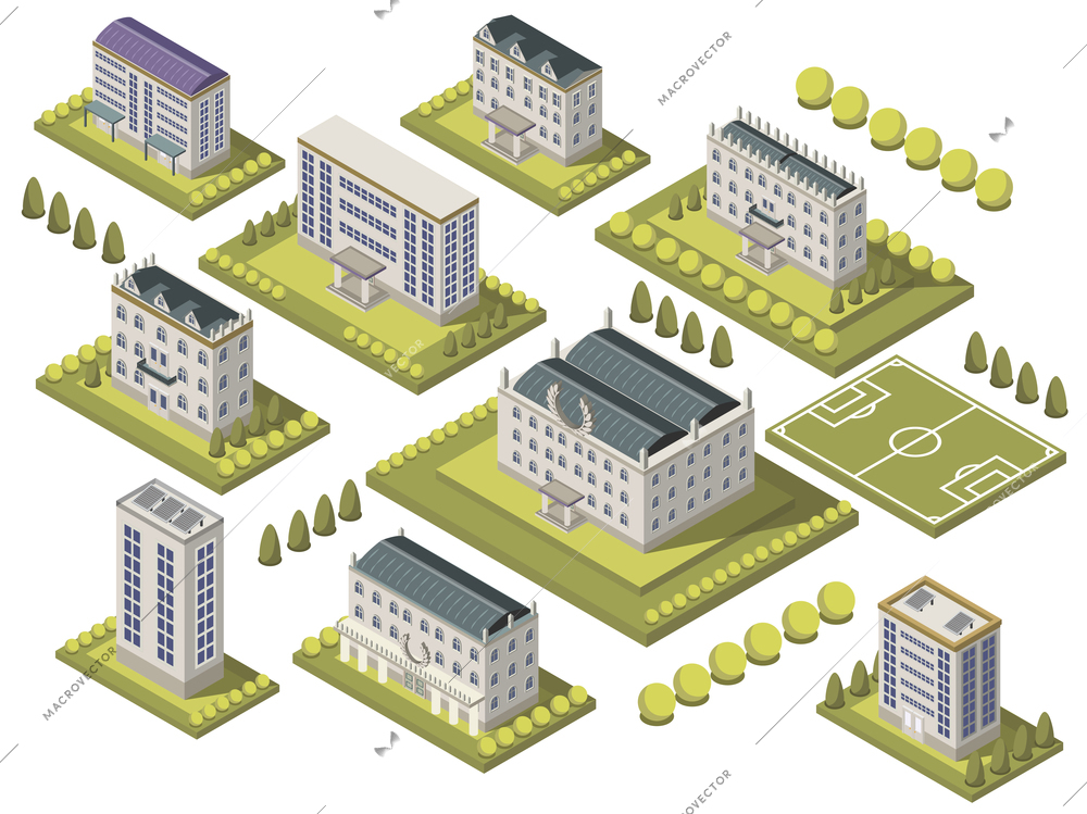 Isometric university set with sports ground and campus isolated vector illustration