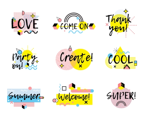 Collection of hand drawn phrases in  memphis style with colorful lines and geometric shapes isolated vector illustration