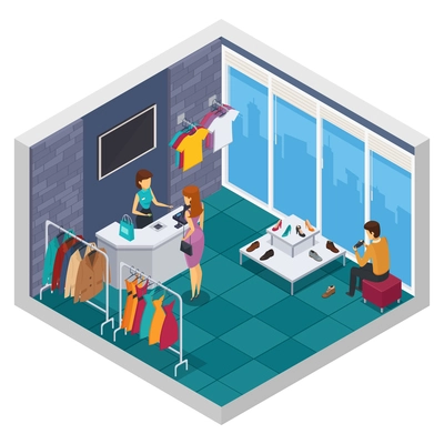 Colored trying shop isometric composition with window wall and store room with buyer vector illustration