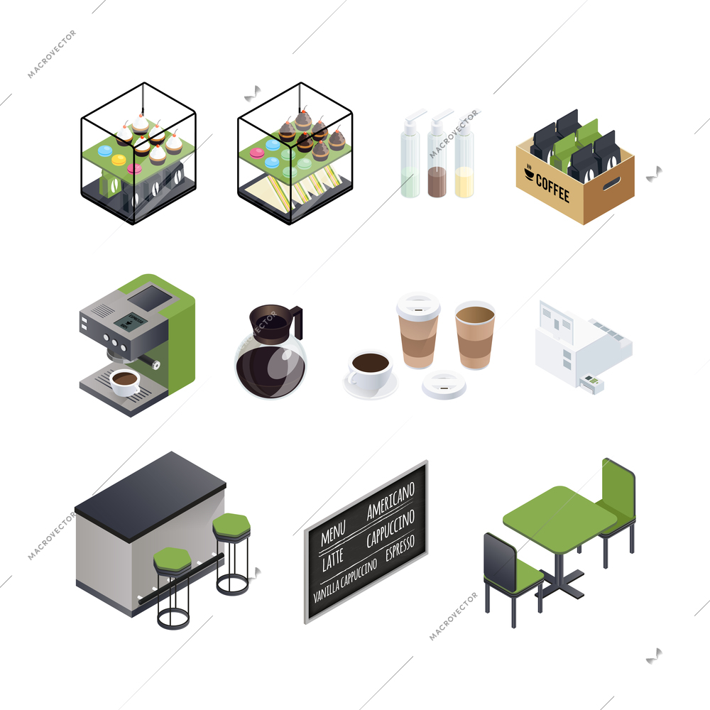 Coffee house isometric elements set with cups black board seats coffee machine and sweet donuts cakes vector illustration