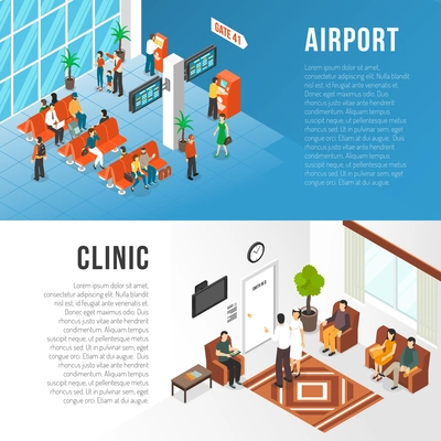 Waiting area horizontal banners set with airport and clinic symbols flat isolated vector ilustration
