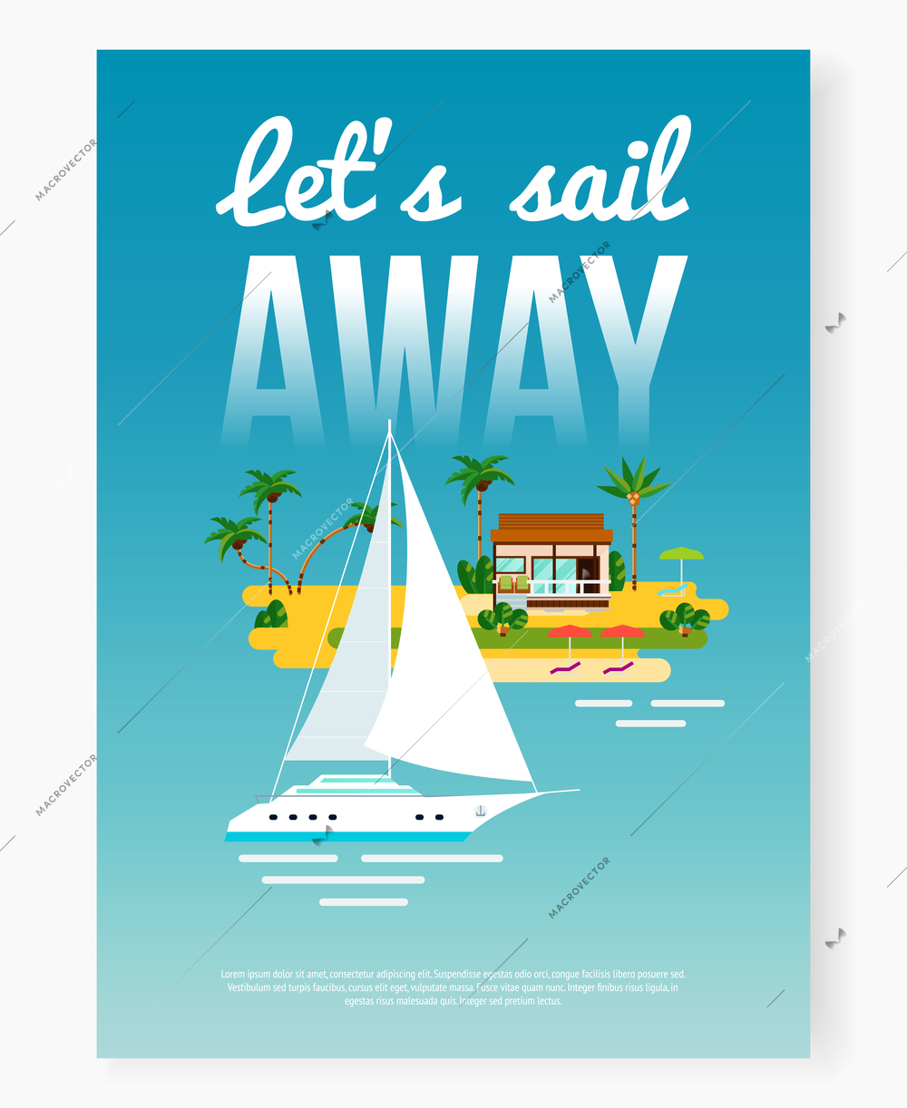 Tropical vacation poster background with flat ocean yacht and island with palms and house with text vector illustration