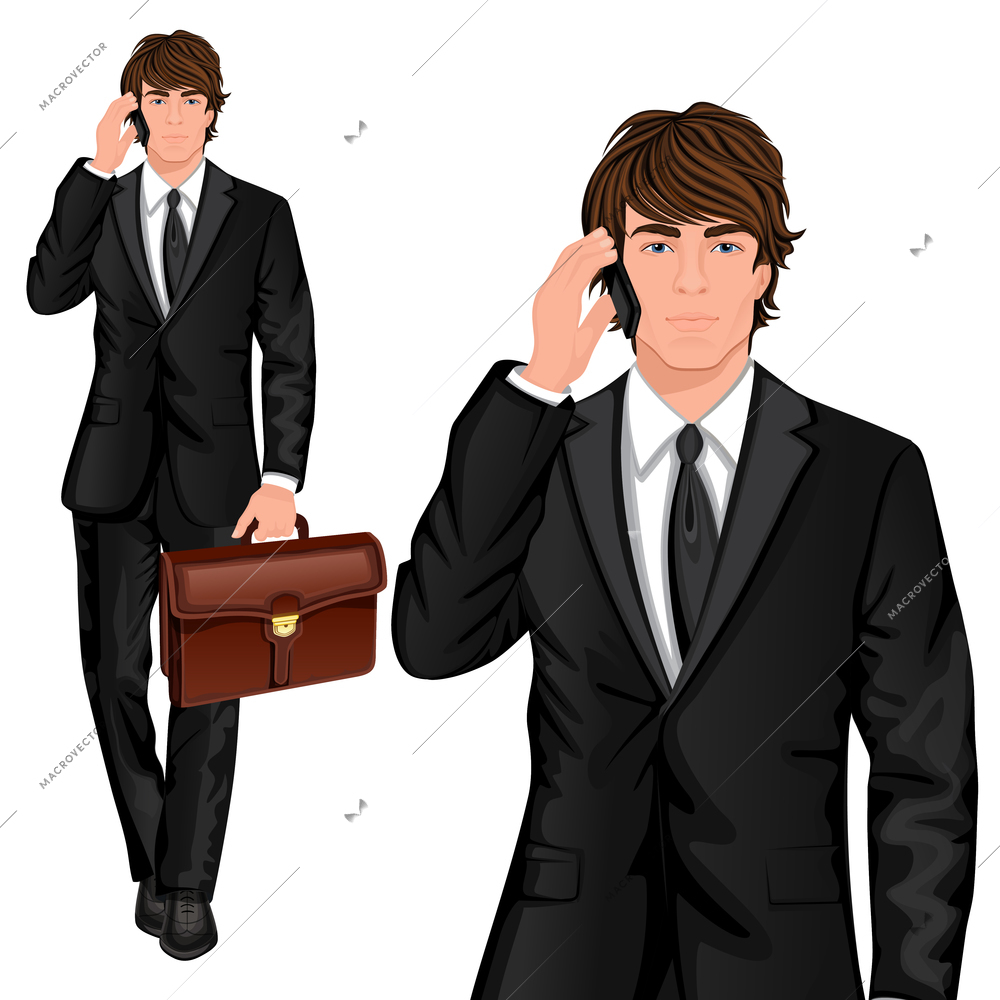 Young professional man dressed in one button suit talking mobile phone and business briefcase vector illustration