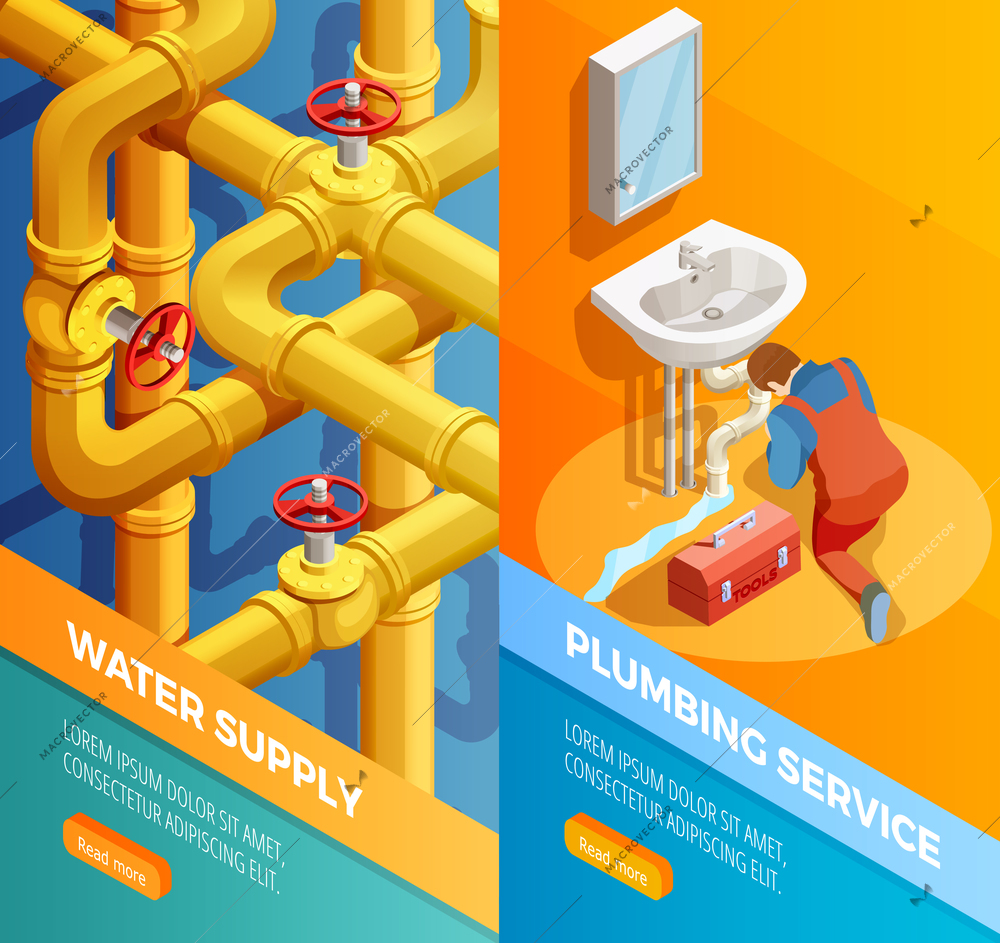 Water supply problems fixing 2 vertical isometric banners set with plumbing leak bathroom sink isolated vector illustration